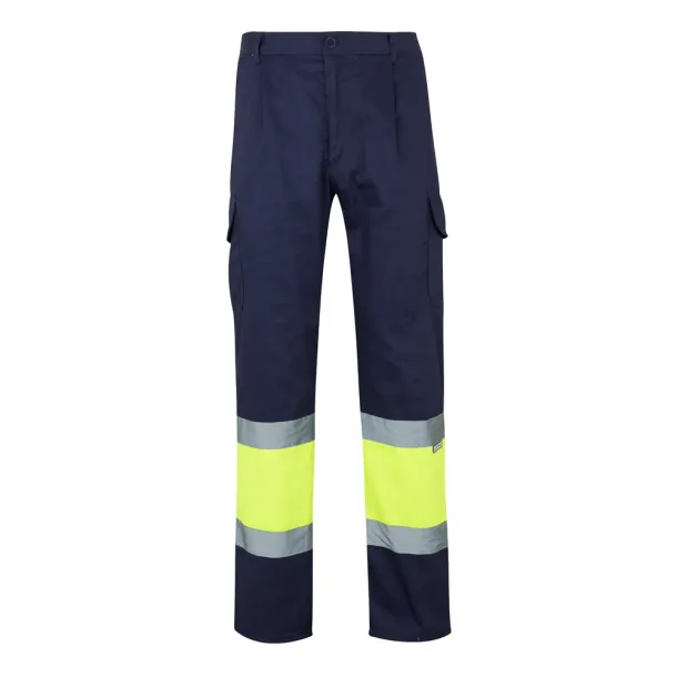 VL ATHENA Two-tone twill trousers (210g/m²), lined, multi-pocket, in cotton (20%) and polyester (80%) Navy Blue Yellow