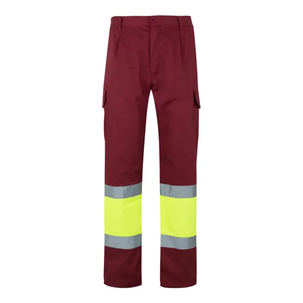 VL ATHENA Two-tone twill trousers (210g/m²), lined, multi-pocket, in cotton (20%) and polyester (80%) Burgundy Yellow