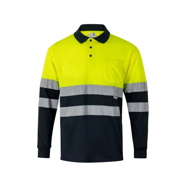 VL VULCAN LARGE Two-tone bird-eye polo shirt (160g/m²) with long sleeves, in polyester (100%) Navy Blue Yellow