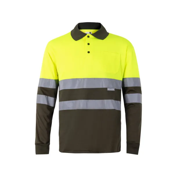 VL VULCAN LARGE Two-tone bird-eye polo shirt (160g/m²) with long sleeves, in polyester (100%) Army green Yellow