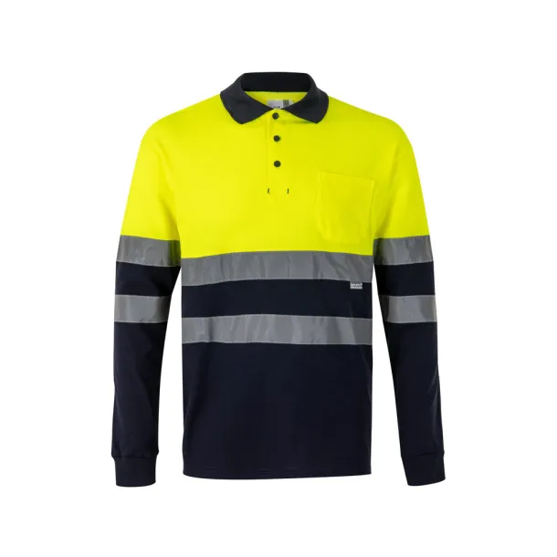 VL PLUTO Two-tone piqué polo shirt (150g/m²) with long sleeves, in cotton (55%) and polyester (45%) Navy Blue Yellow