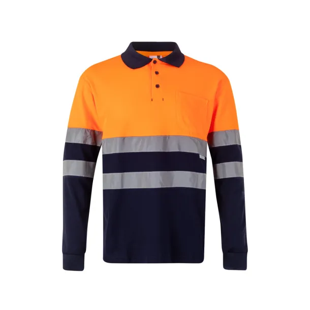 VL PLUTO Two-tone piqué polo shirt (150g/m²) with long sleeves, in cotton (55%) and polyester (45%) Navy Blue Orange