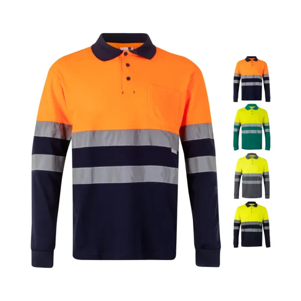 VL PLUTO Two-tone piqué polo shirt (150g/m²) with long sleeves, in cotton (55%) and polyester (45%)