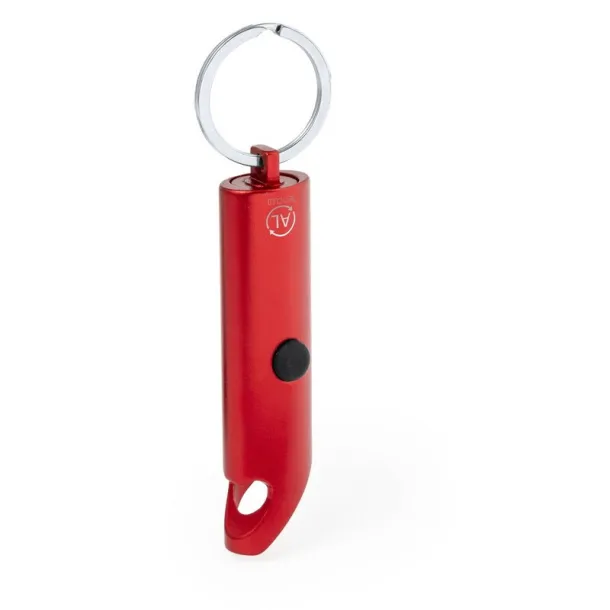  Recycled aluminium keyring, bottle opener, LED light Crvena