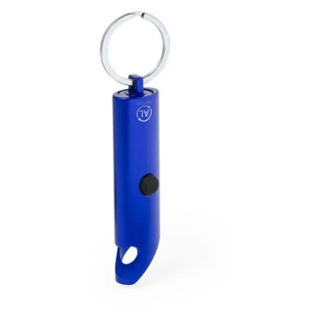  Recycled aluminium keyring, bottle opener, LED light blue