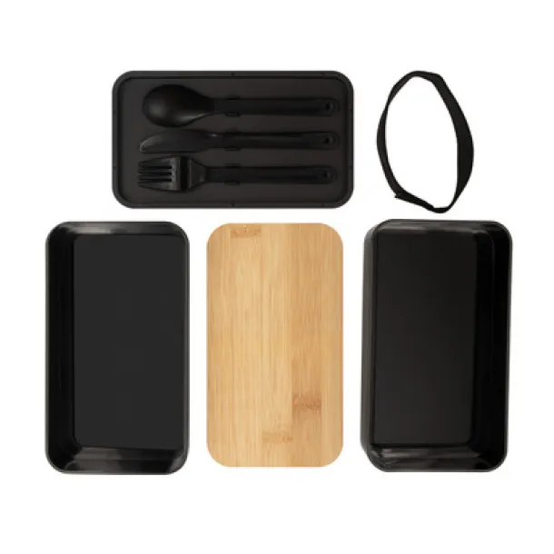 Tijani Lunch box 2 in 1, 2x500 ml, bamboo lid, cutlery Crna