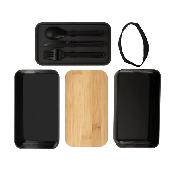 Tijani Lunch box 2 in 1, 2x500 ml, bamboo lid, cutlery Crna
