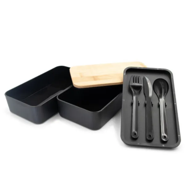 Tijani Lunch box 2 in 1, 2x500 ml, bamboo lid, cutlery Crna