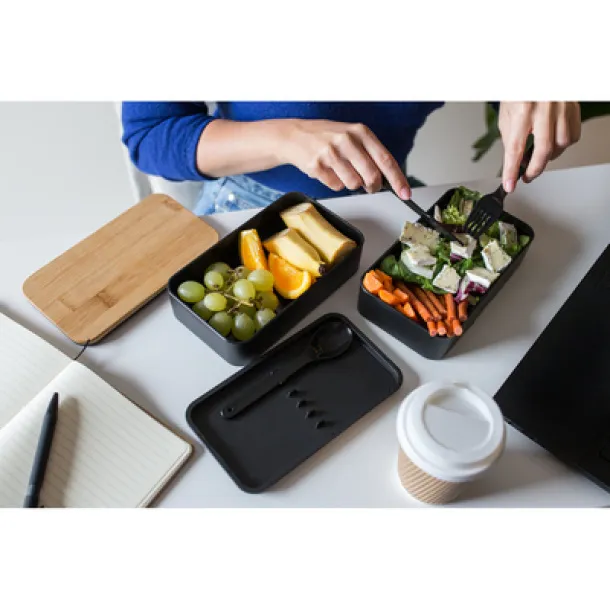 Tijani Lunch box 2 in 1, 2x500 ml, bamboo lid, cutlery Crna
