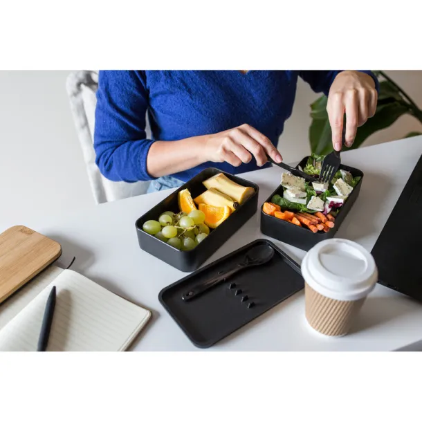 Tijani Lunch box 2 in 1, 2x500 ml, bamboo lid, cutlery Crna