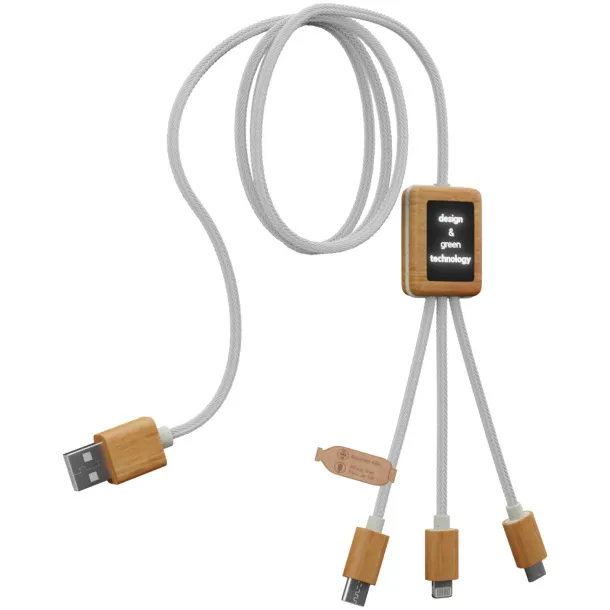 SCX.design C39 3-in-1 rPET light-up logo charging cable with squared bamboo casing - SCX.design White