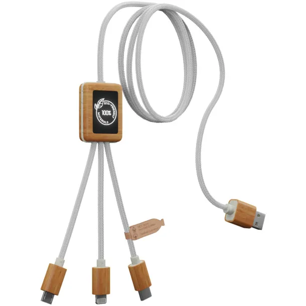 SCX.design C39 3-in-1 rPET light-up logo charging cable with squared bamboo casing - SCX.design White