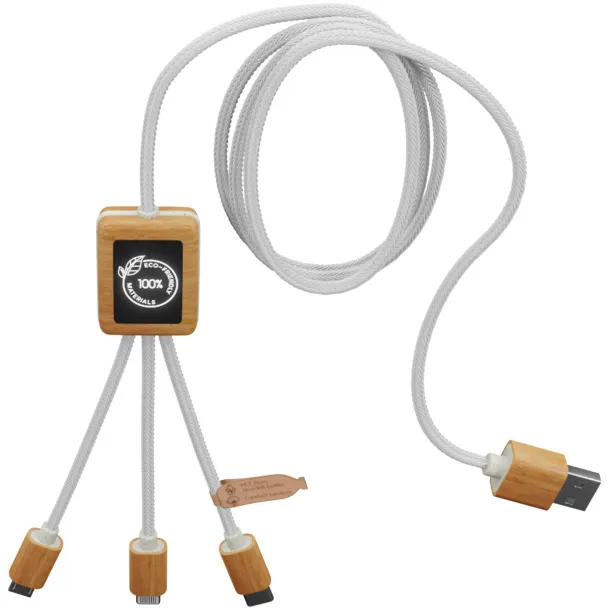 SCX.design C39 3-in-1 rPET light-up logo charging cable with squared bamboo casing - SCX.design White