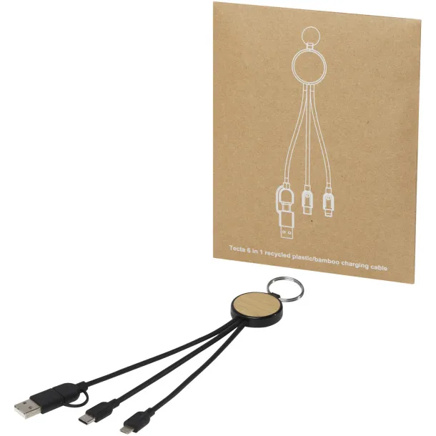 Tecta 6-in-1 recycled plastic/bamboo charging cable with keyring Solid black