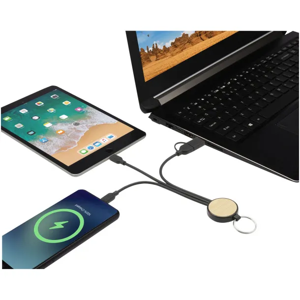 Tecta 6-in-1 recycled plastic/bamboo charging cable with keyring Solid black