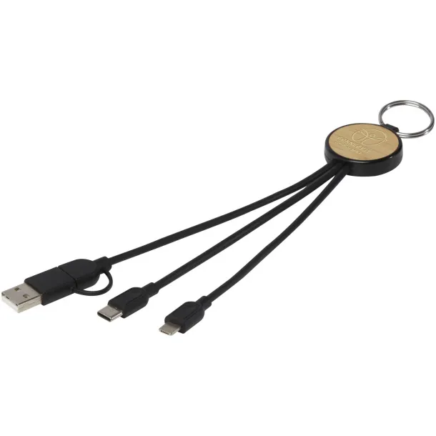 Tecta 6-in-1 recycled plastic/bamboo charging cable with keyring Crna