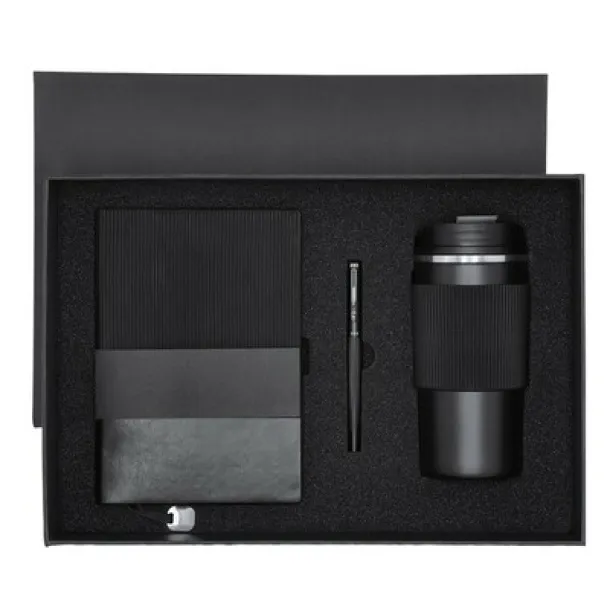 Gift set, thermo mug 470 ml, notebook A5, roller ball pen, gift box black  Gift set, thermo mug 470 ml, notebook A5, roller ball pen, gift box black