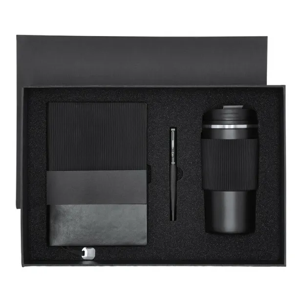 Gift set, thermo mug 470 ml, notebook A5, roller ball pen, gift box black  Gift set, thermo mug 470 ml, notebook A5, roller ball pen, gift box black