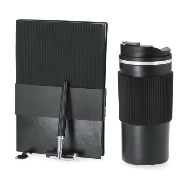  Gift set, thermo mug 470 ml, notebook A5, roller ball pen, gift box Crna