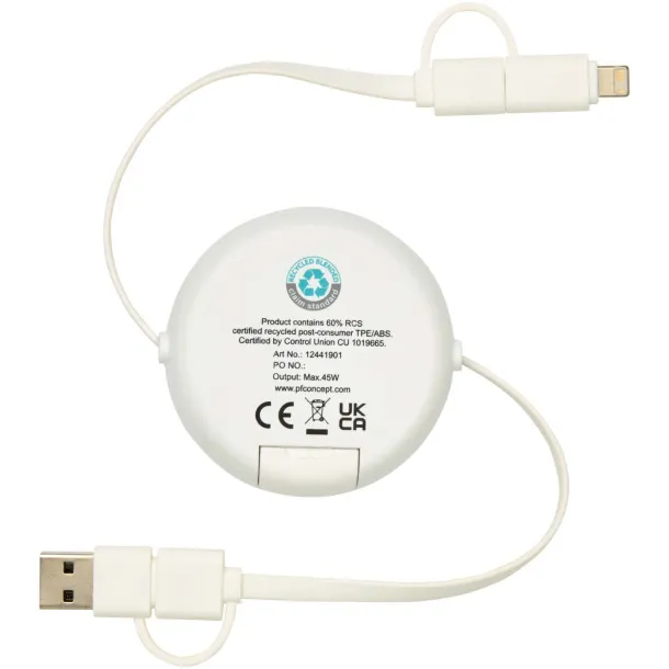 Chechia 5-in-1 recycled plastic 100 cm retractable data sync and 45W fast charge cable White
