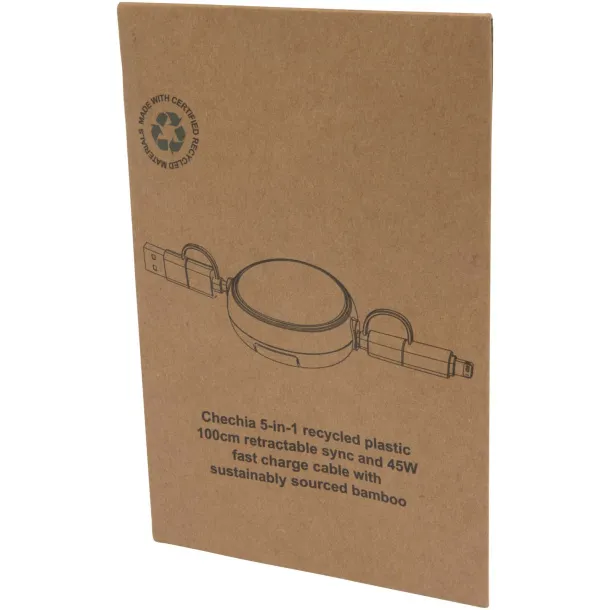 Chechia 5-in-1 recycled plastic 100 cm retractable data sync and 45W fast charge cable Solid black