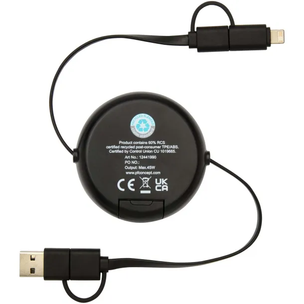 Chechia 5-in-1 recycled plastic 100 cm retractable data sync and 45W fast charge cable Solid black
