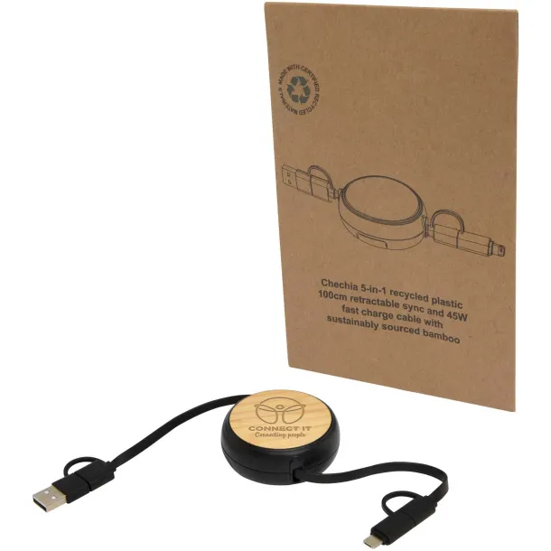 Chechia 5-in-1 recycled plastic 100 cm retractable data sync and 45W fast charge cable Crna