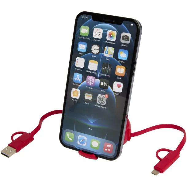 Alasia 5-in-1 100 cm recycled plastic and aluminium retractable data sync and 45W fast charge cable Red
