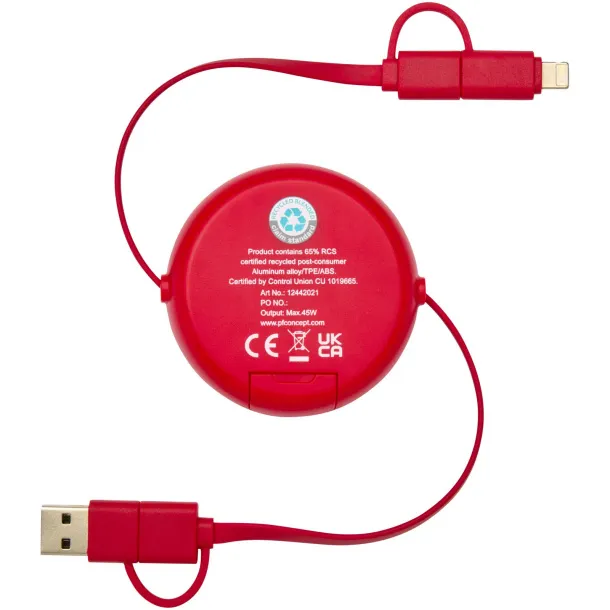 Alasia 5-in-1 100 cm recycled plastic and aluminium retractable data sync and 45W fast charge cable Red
