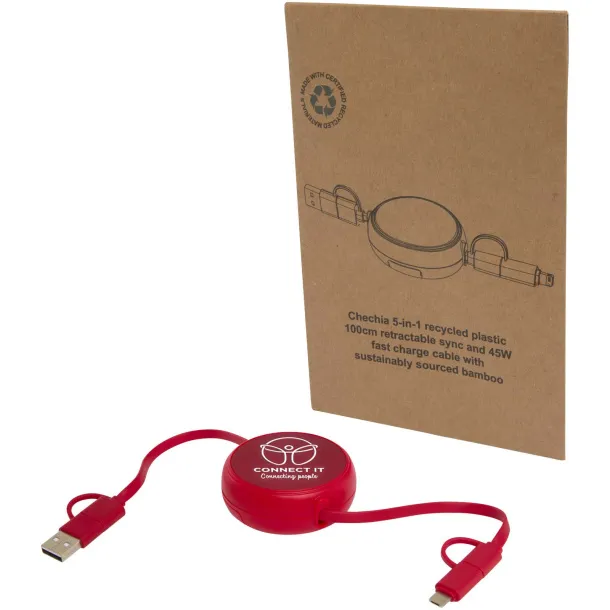 Alasia 5-in-1 100 cm recycled plastic and aluminium retractable data sync and 45W fast charge cable Red