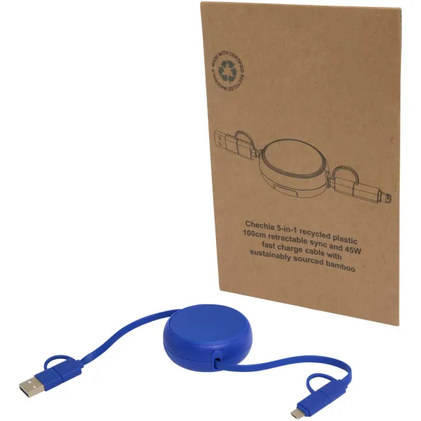 Alasia 5-in-1 100 cm recycled plastic and aluminium retractable data sync and 45W fast charge cable Royal blue