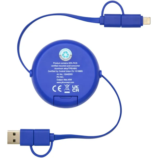 Alasia 5-in-1 100 cm recycled plastic and aluminium retractable data sync and 45W fast charge cable Royal blue