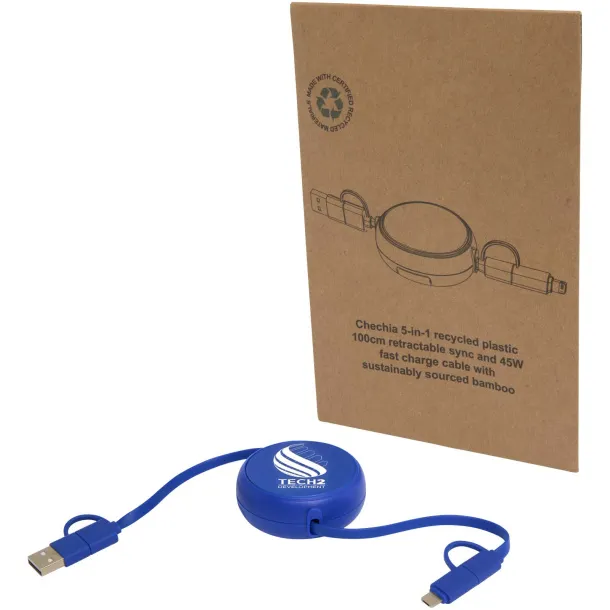 Alasia 5-in-1 100 cm recycled plastic and aluminium retractable data sync and 45W fast charge cable Royal blue