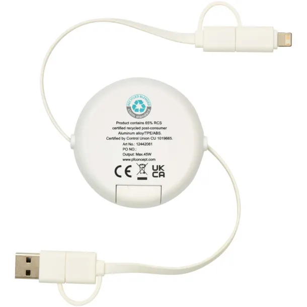 Alasia 5-in-1 100 cm recycled plastic and aluminium retractable data sync and 45W fast charge cable Silver