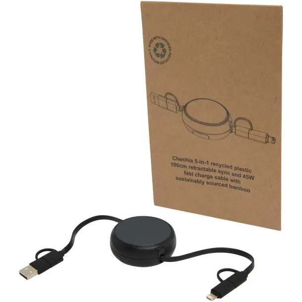 Alasia 5-in-1 100 cm recycled plastic and aluminium retractable data sync and 45W fast charge cable Solid black