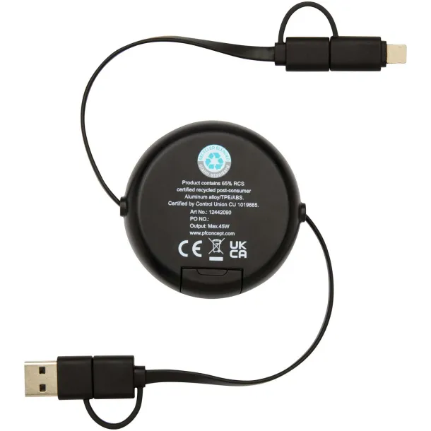 Alasia 5-in-1 100 cm recycled plastic and aluminium retractable data sync and 45W fast charge cable Solid black