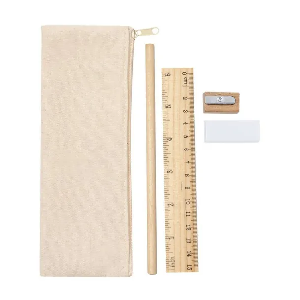  School set, pencil case, pencil, ruler, eraser and pencil sharpener beige