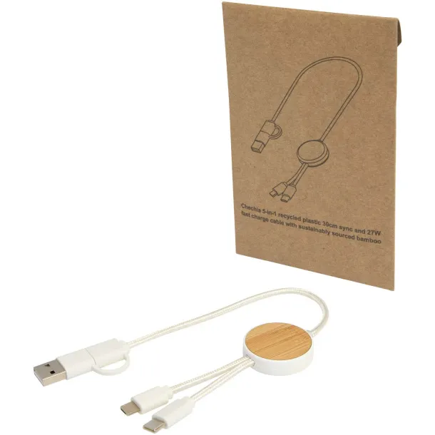 Chechia 5-in-1 recycled plastic 30 cm data sync and 27W fast charge cable with bamboo details White