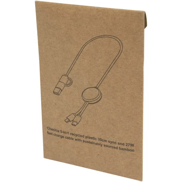 Chechia 5-in-1 recycled plastic 30 cm data sync and 27W fast charge cable with bamboo details Crna
