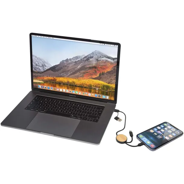 Chechia 5-in-1 recycled plastic 30 cm data sync and 27W fast charge cable with bamboo details Solid black