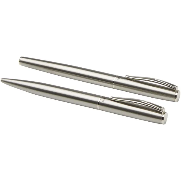 Didimis recycled stainless steel ballpoint and rollerball pen set (black ink) - Luxe Silver