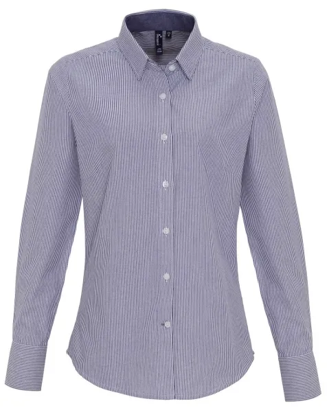  WOMEN'S COTTON RICH OXFORD STRIPES SHIRT - Premier White Navy