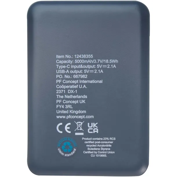 Asama Type-C prijenosna baterija od reciklirane plastike, 5.000 mAh Hale Blue