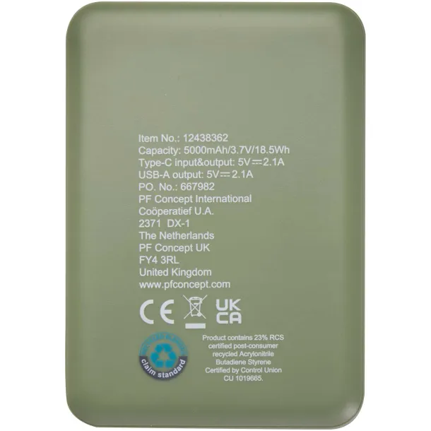 Asama Type-C prijenosna baterija od reciklirane plastike, 5.000 mAh Heather green