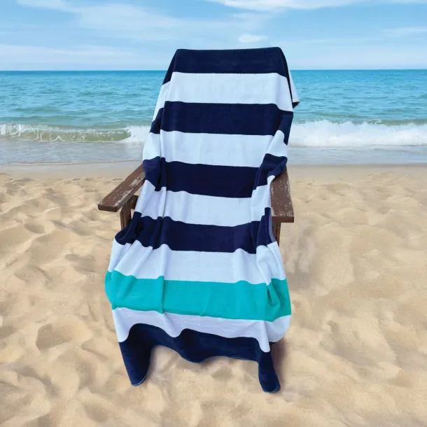 OLIMA „NAUTICAL STRIPE” ručnik za plažu od velura, 450 g/m2 - Olima Mornarsko plava Bijela