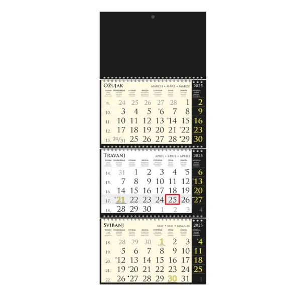  Calendar 3-part SIRIO "BLACK", spiral bound three fold Crna