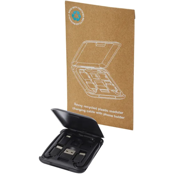 Savvy recycled plastic modular charging cable with phone holder Solid black