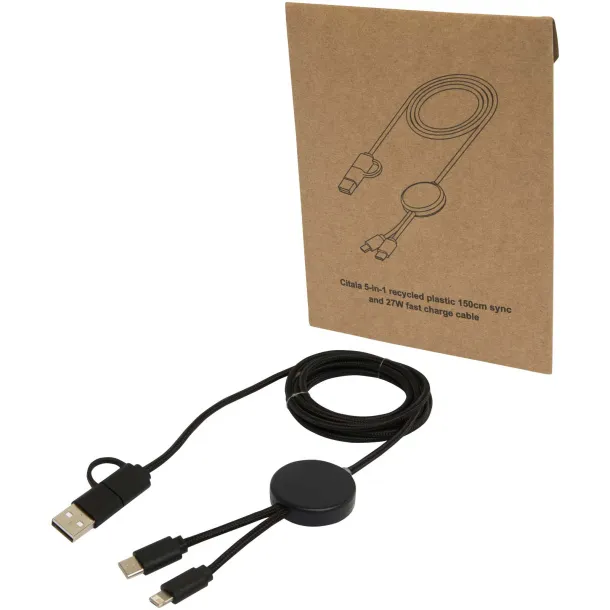 Citala 5-in-1 recycled plastic 150 cm data sync and 27W fast charge cable Solid black