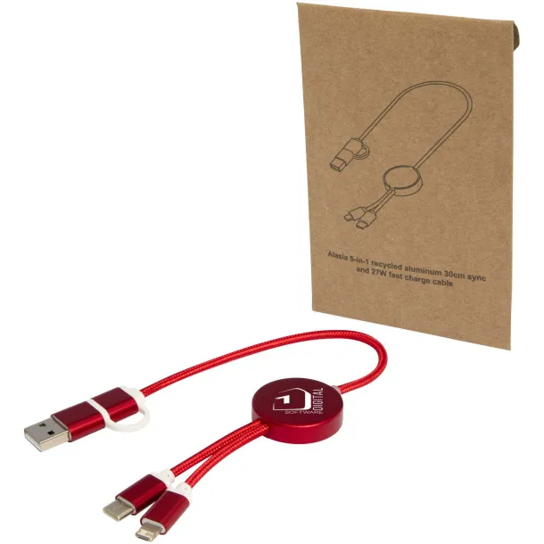 Alasia 5-in-1 recycled aluminium and plastic 30 cm data sync and 27W fast charge cable Red