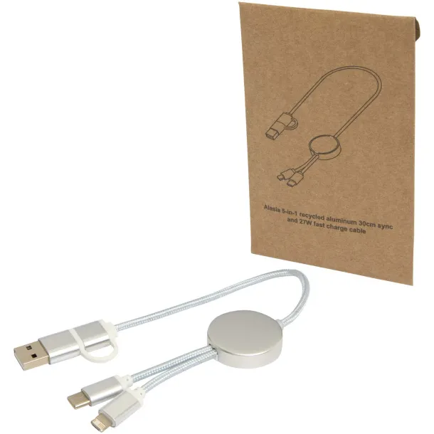 Alasia 5-in-1 recycled aluminium and plastic 30 cm data sync and 27W fast charge cable Silver
